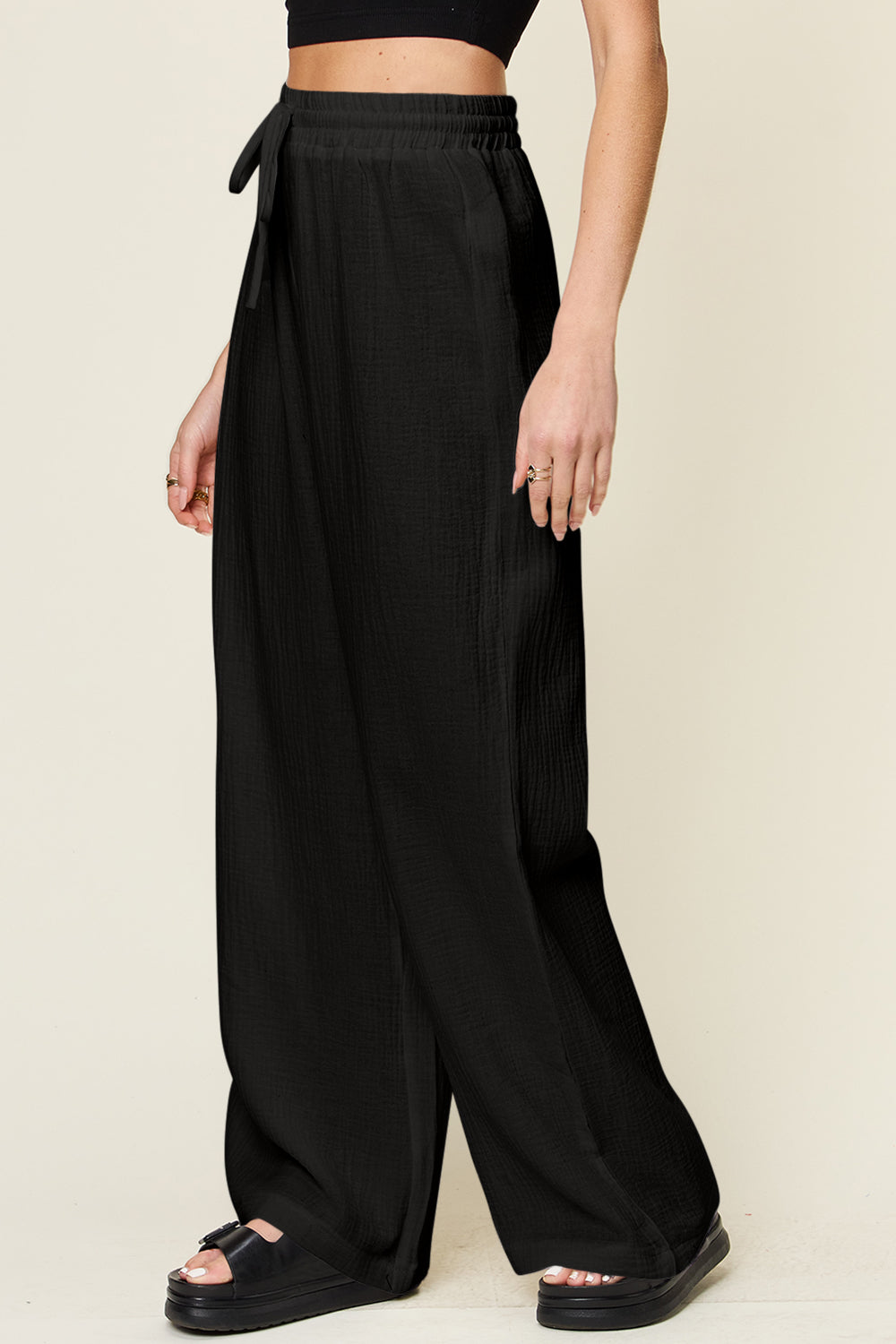 Double take full size texture drawstring wide leg pants