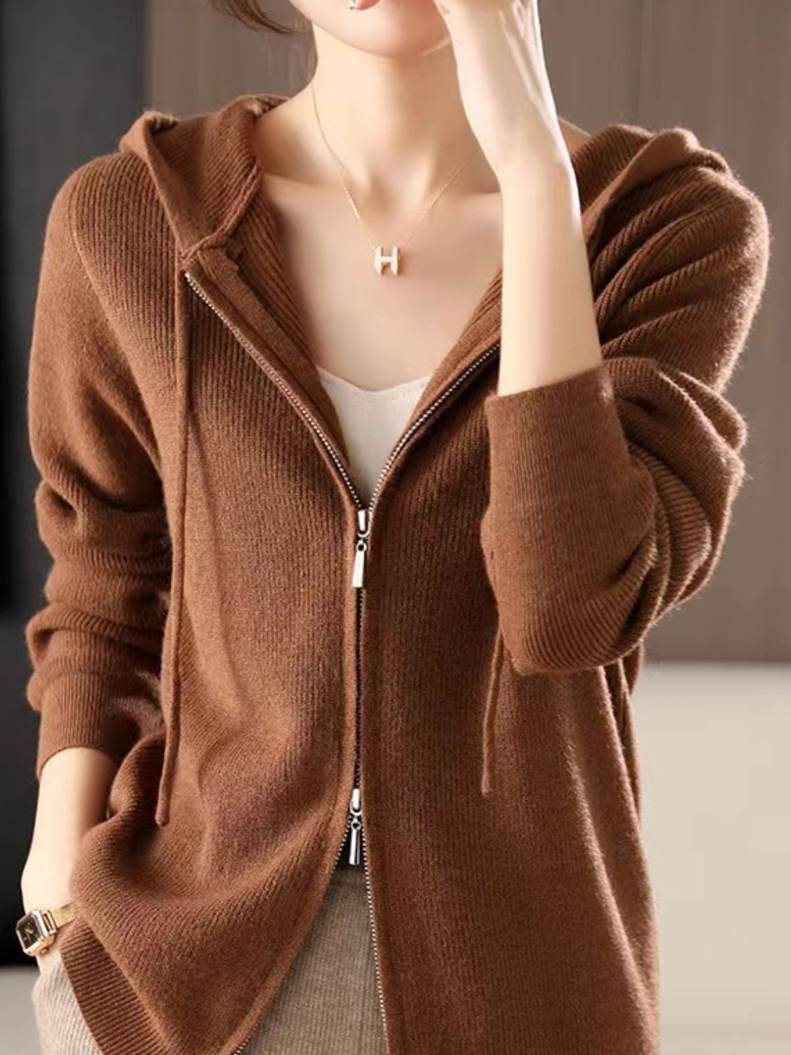 Drawstring zip up long sleeve hooded sweater