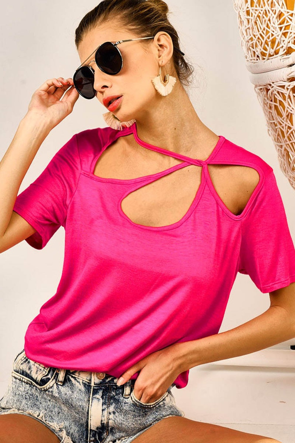 Bibi cutout asymmetrical neck short sleeve t-shirt - fuchsia / s