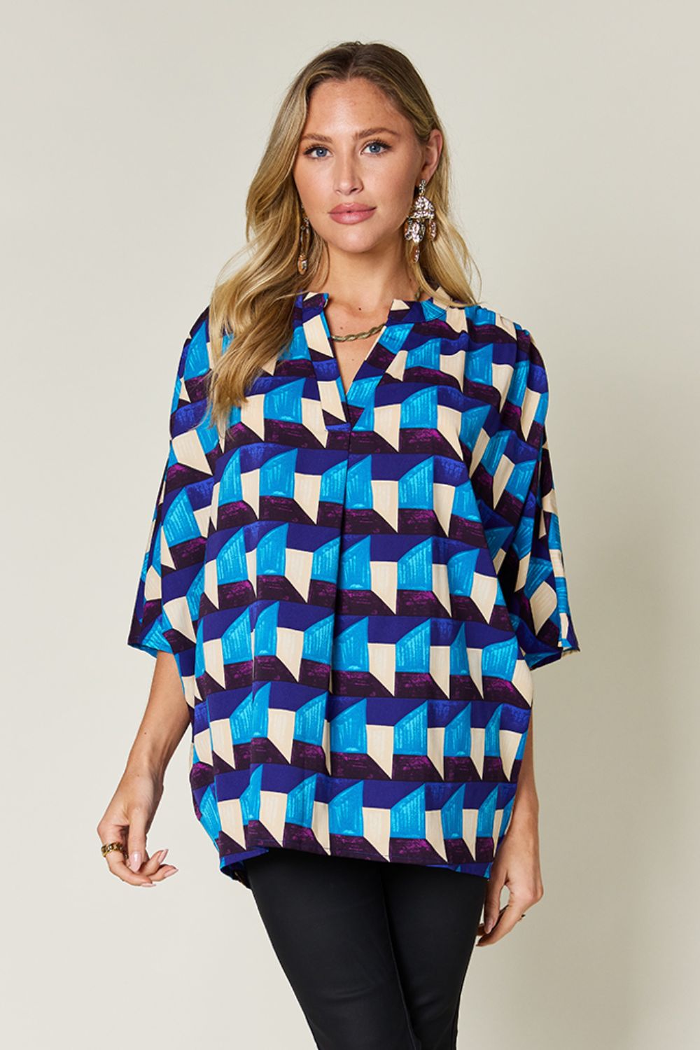 Double take full size geometric notched half sleeve blouse - sky blue / s