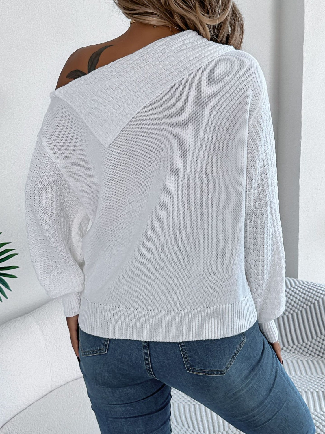 Cable-knit one shoulder long sleeve sweater