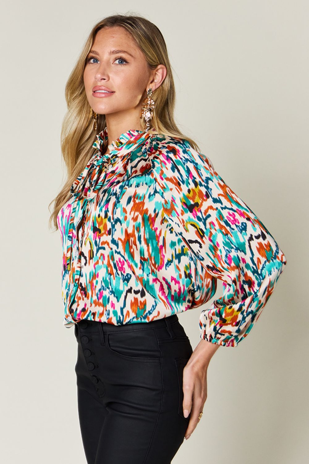 Double take full size printed button up long sleeve shirt