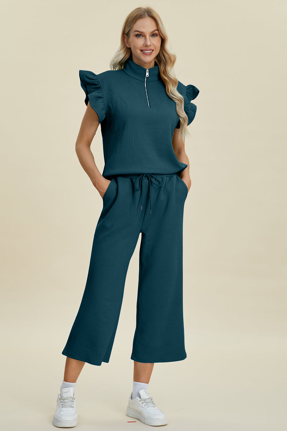 Double take full size texture ruffle short sleeve top and wide leg pants set - deep teal / s