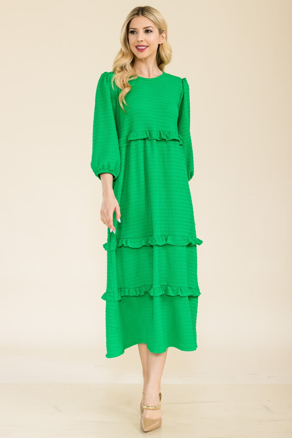 Celeste full size tiered-ruffle midi dress - green / s