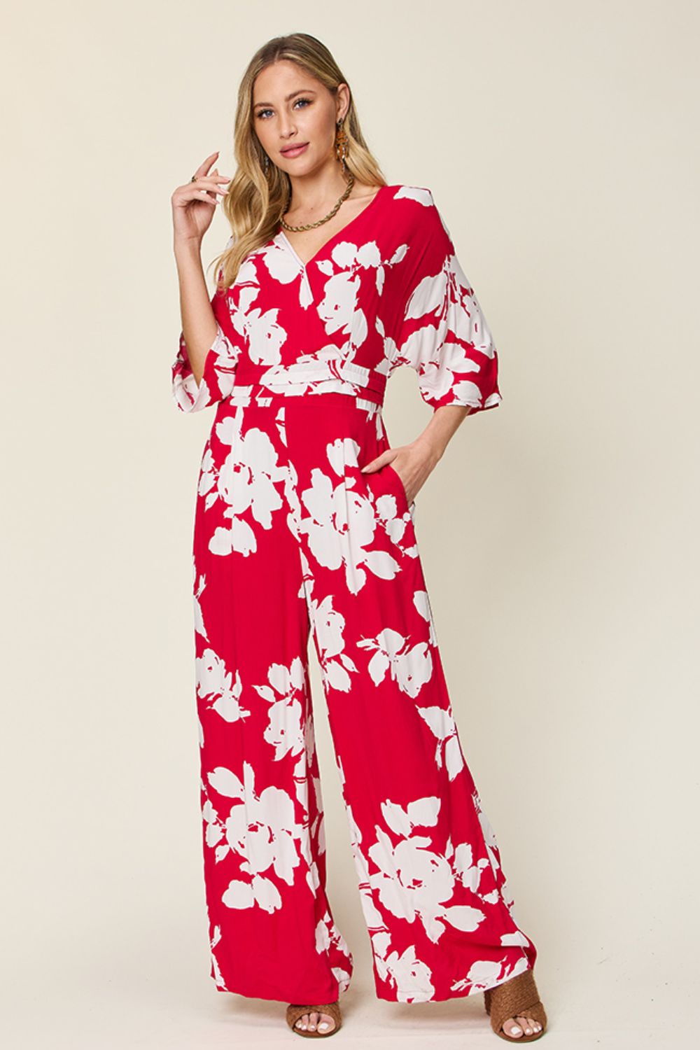 Double take full size printed tie back wide leg jumpsuit - deep rose / s