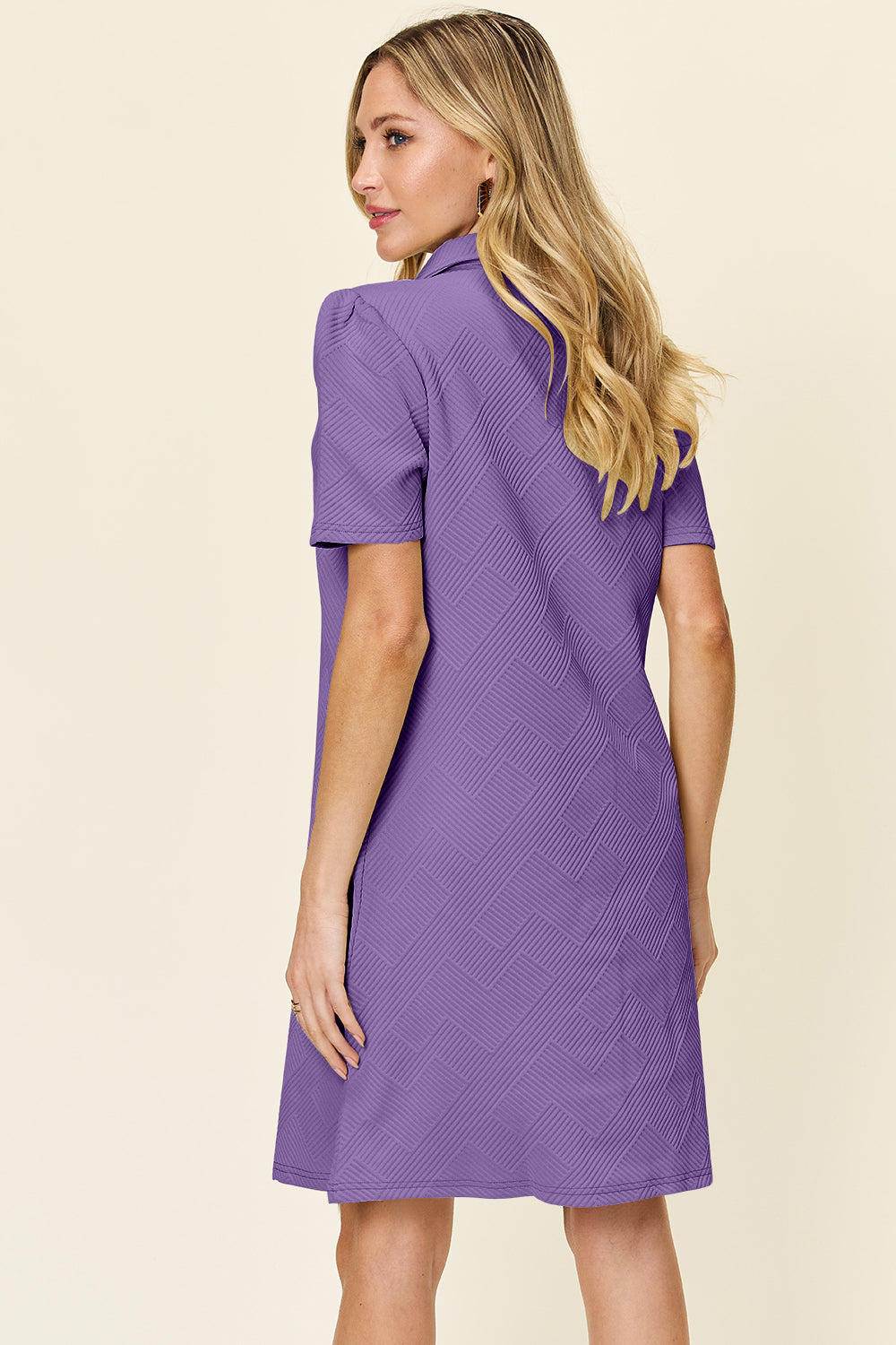 Double take full size texture collared neck short sleeve dress