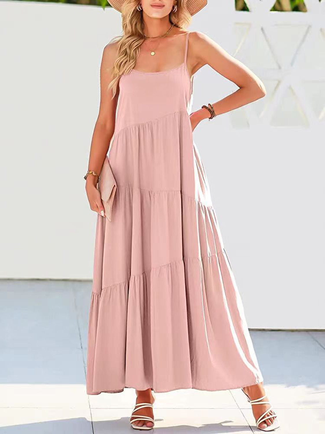 Full size ruched tiered spaghetti strap dress - blush pink / s