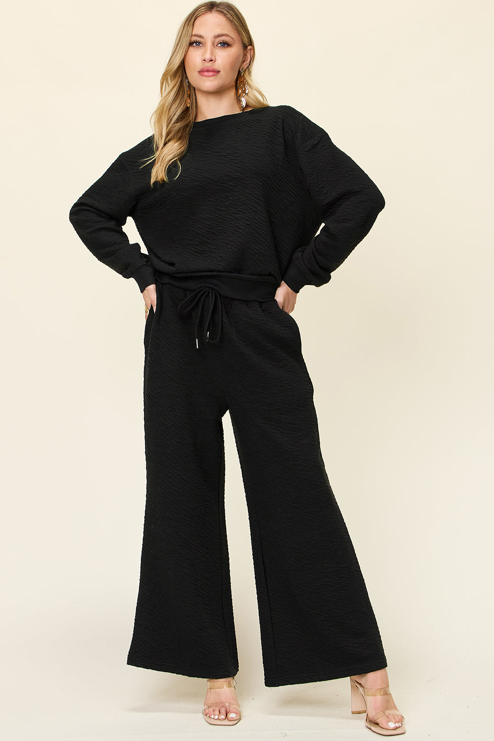 Double take full size texture long sleeve top and pants set - black / s