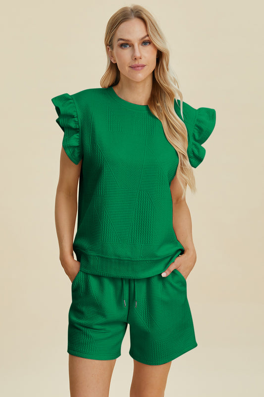 Double take full size texture round neck ruffle sleeve top and shorts set - dark green / s