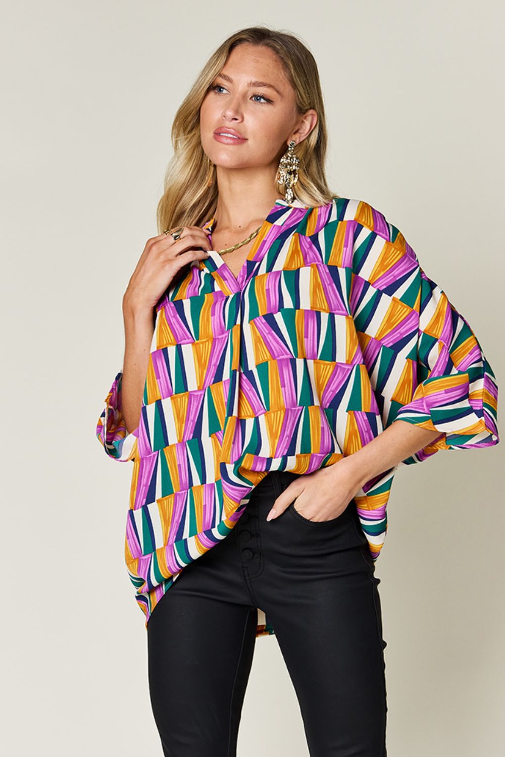 Double take full size geometric notched dolman sleeve top - purple / s