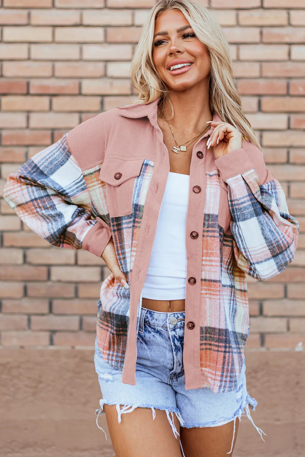 Plaid button up long sleeve shacket - pale blush / s