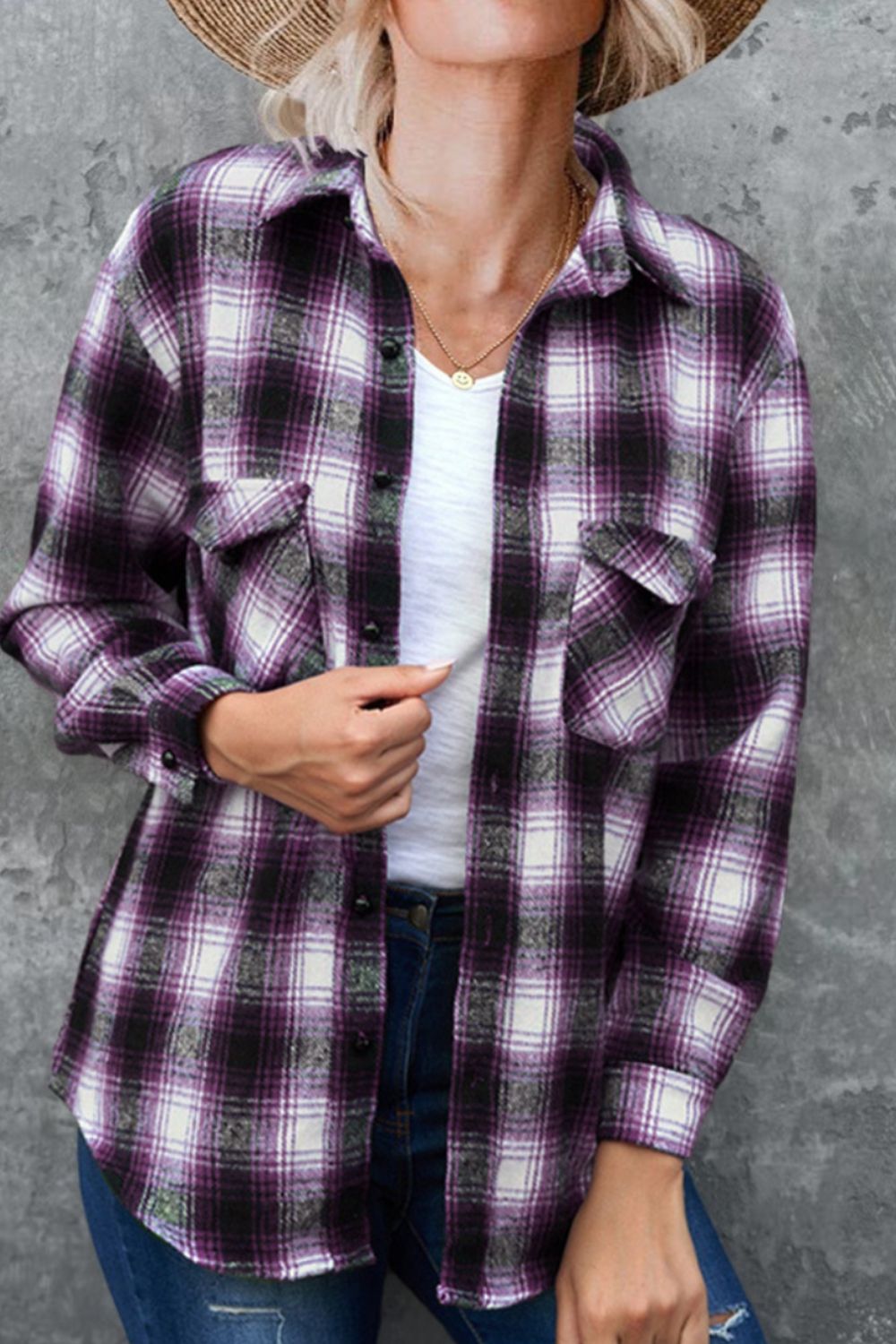 Full size plaid collared neck long sleeve shirt