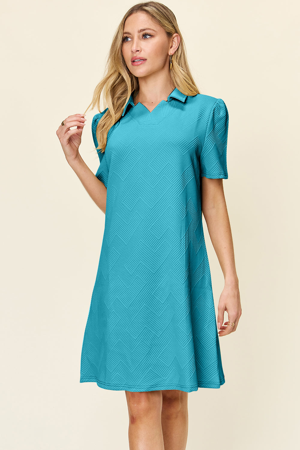 Double take full size texture collared neck short sleeve dress