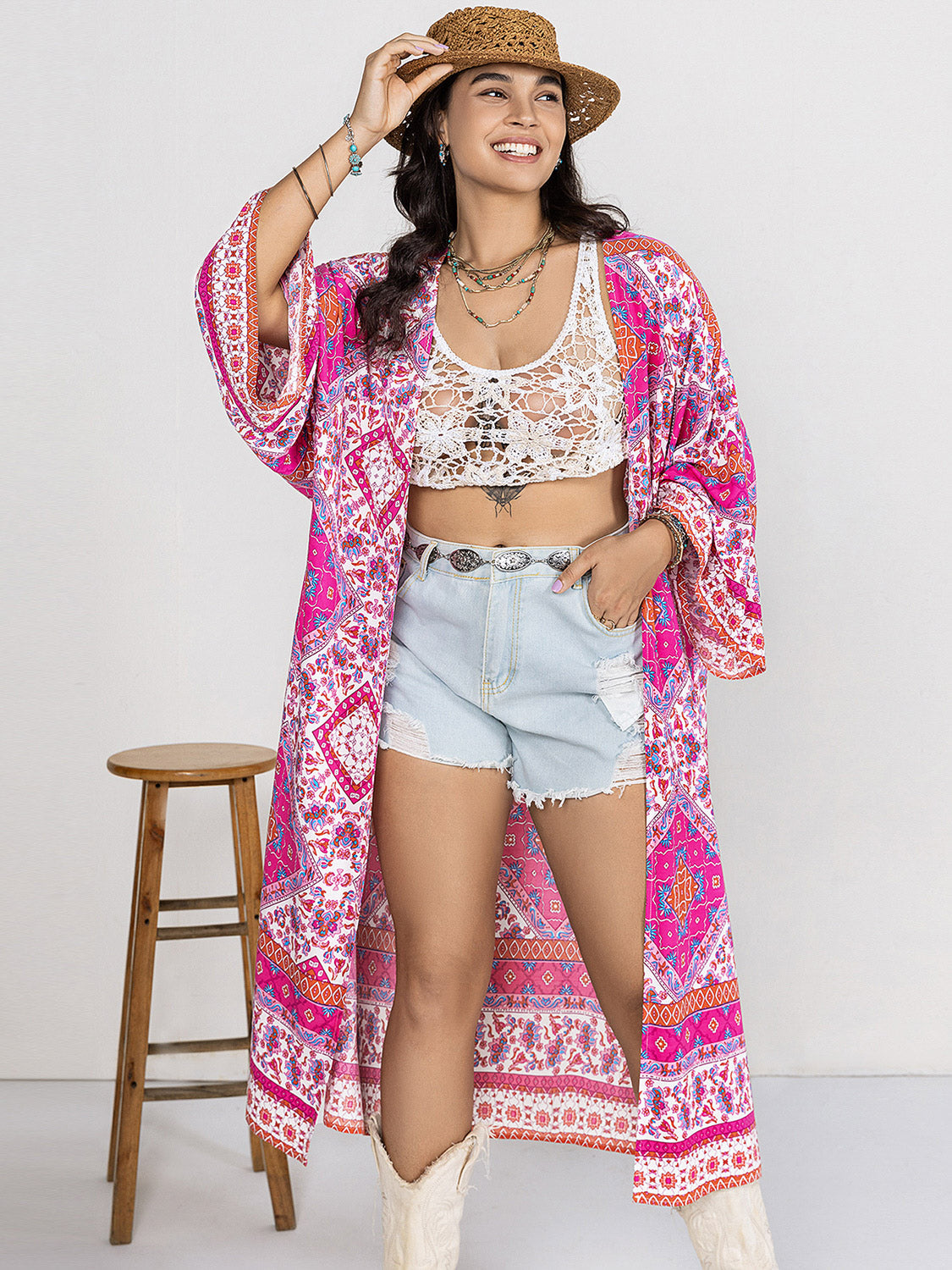 Plus size printed open front longline cardigan