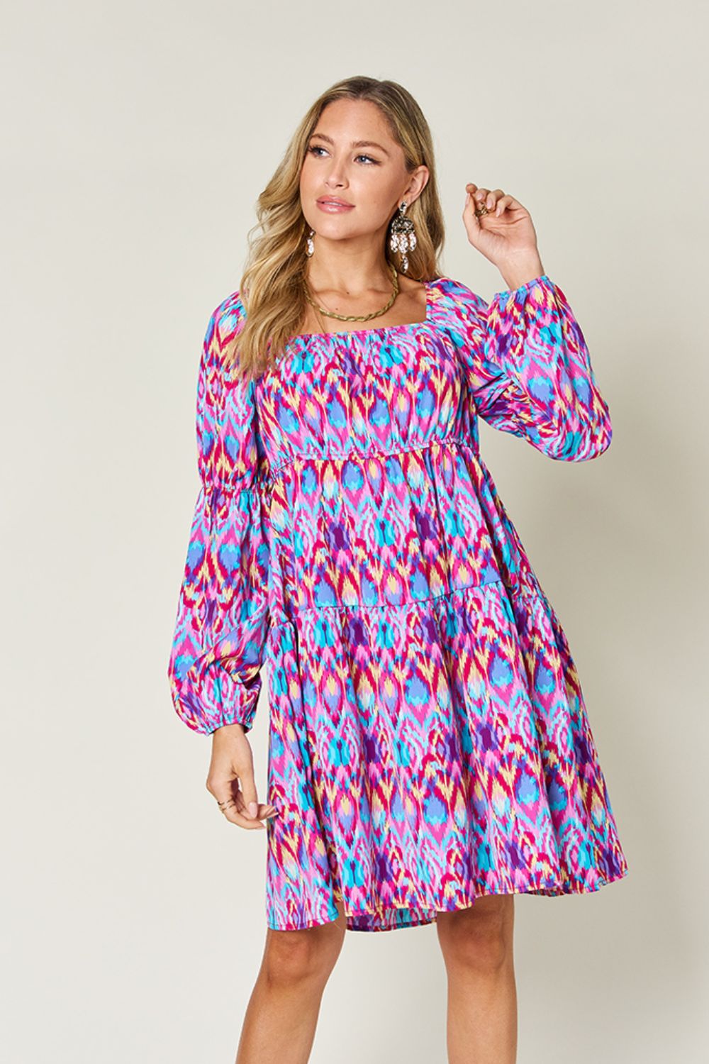 Double take full size printed long sleeve dress - hot pink / s