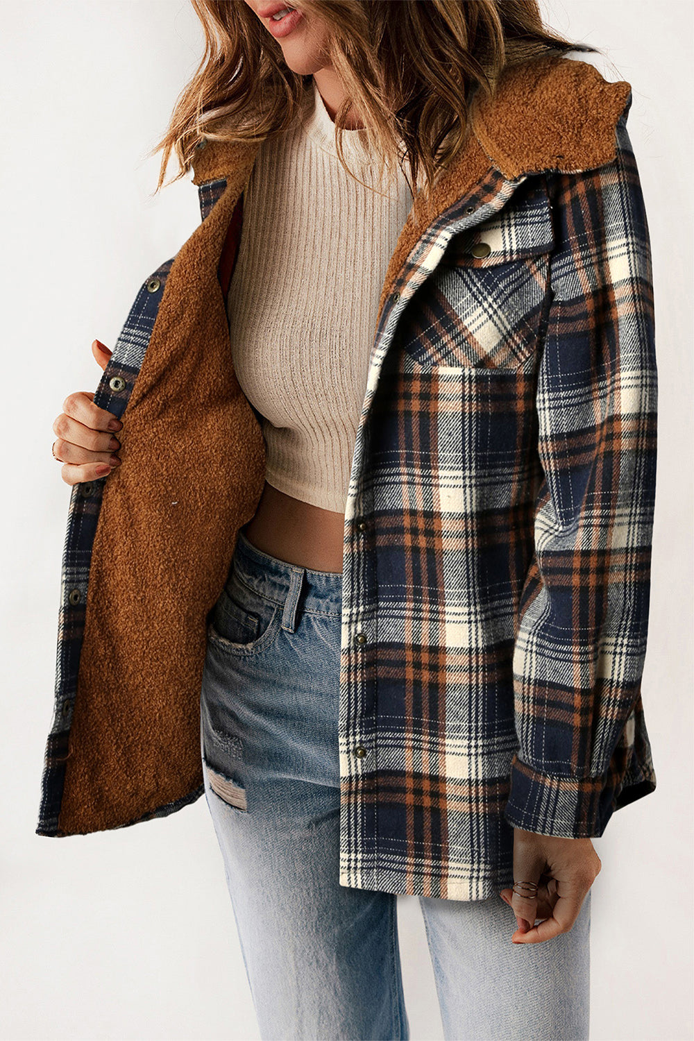 Plaid snap down hooded jacket