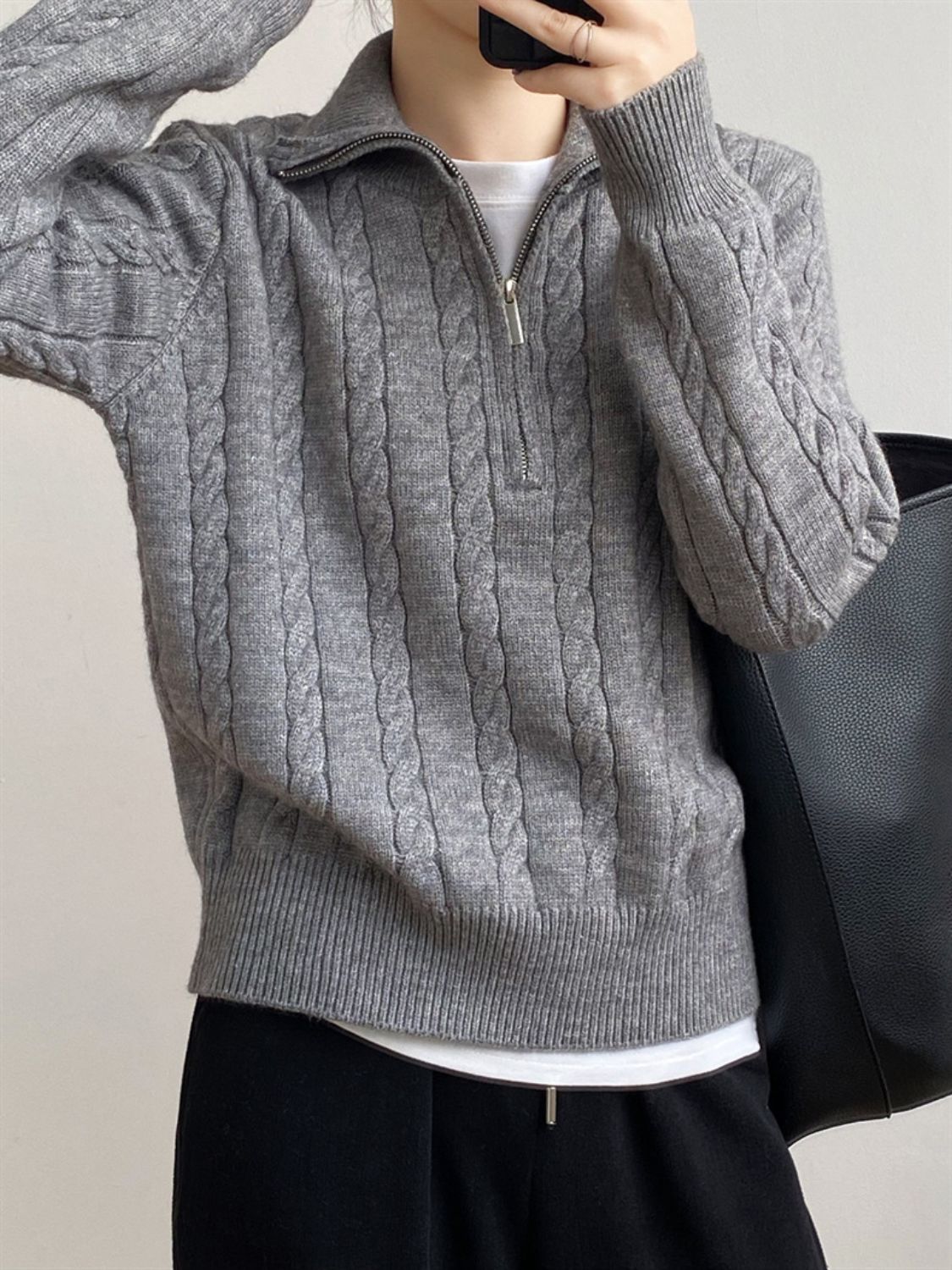 Cable-knit half zip long sleeve sweater - dark gray / one size