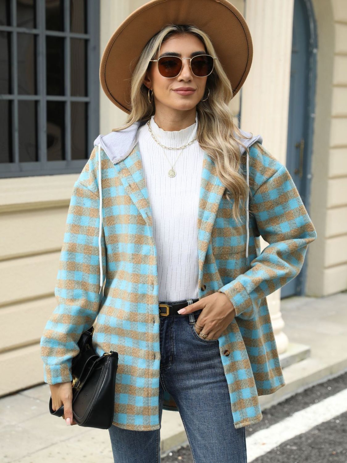 Drawstring plaid long sleeve hooded jacket - pastel blue / s