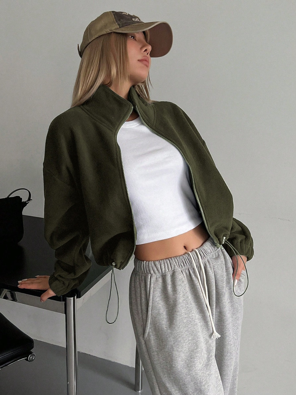 Honey zip up long sleeve cropped jacket