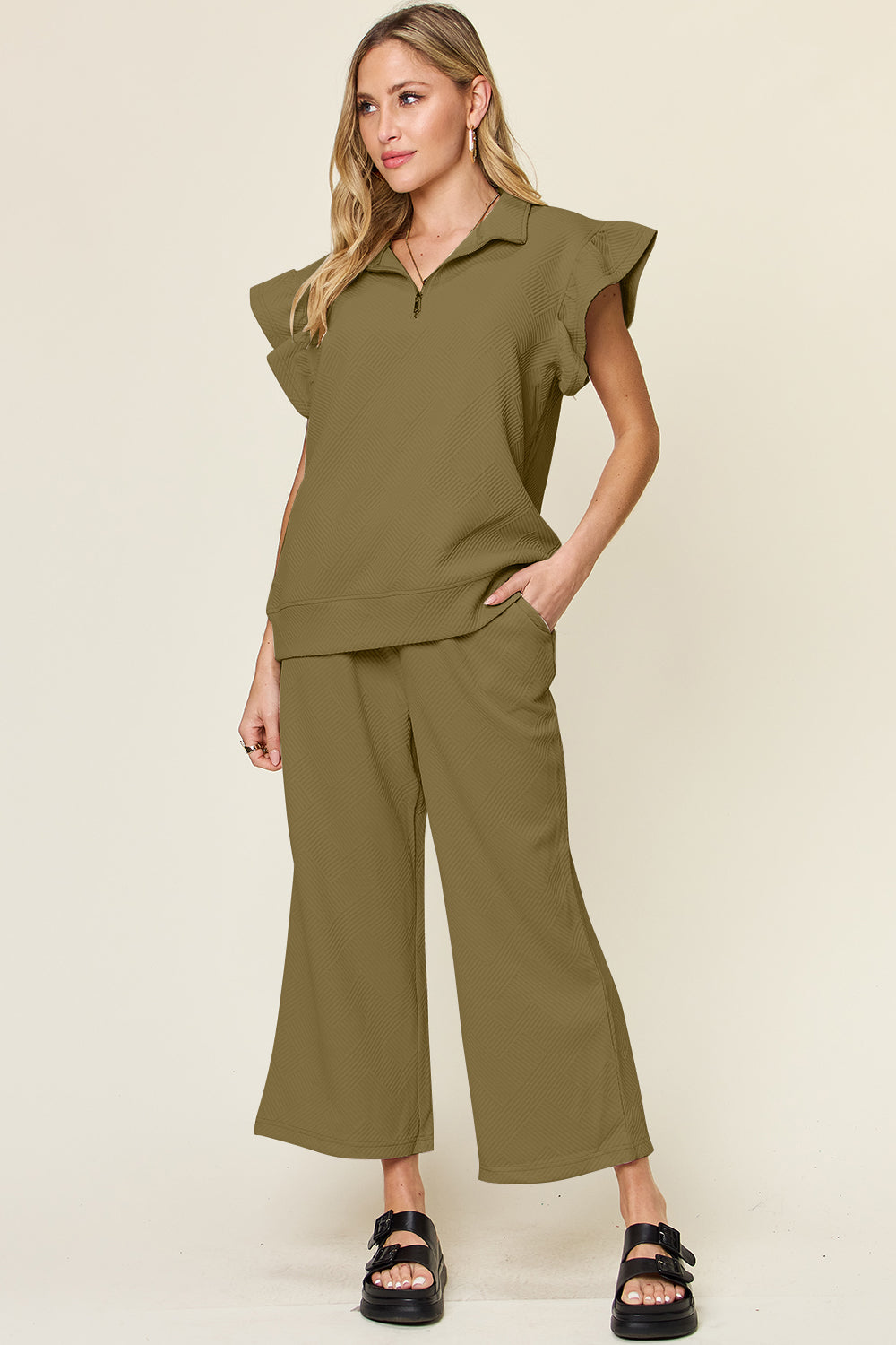 Double take texture ruffle short sleeve top and drawstring wide leg pants set - olive / s