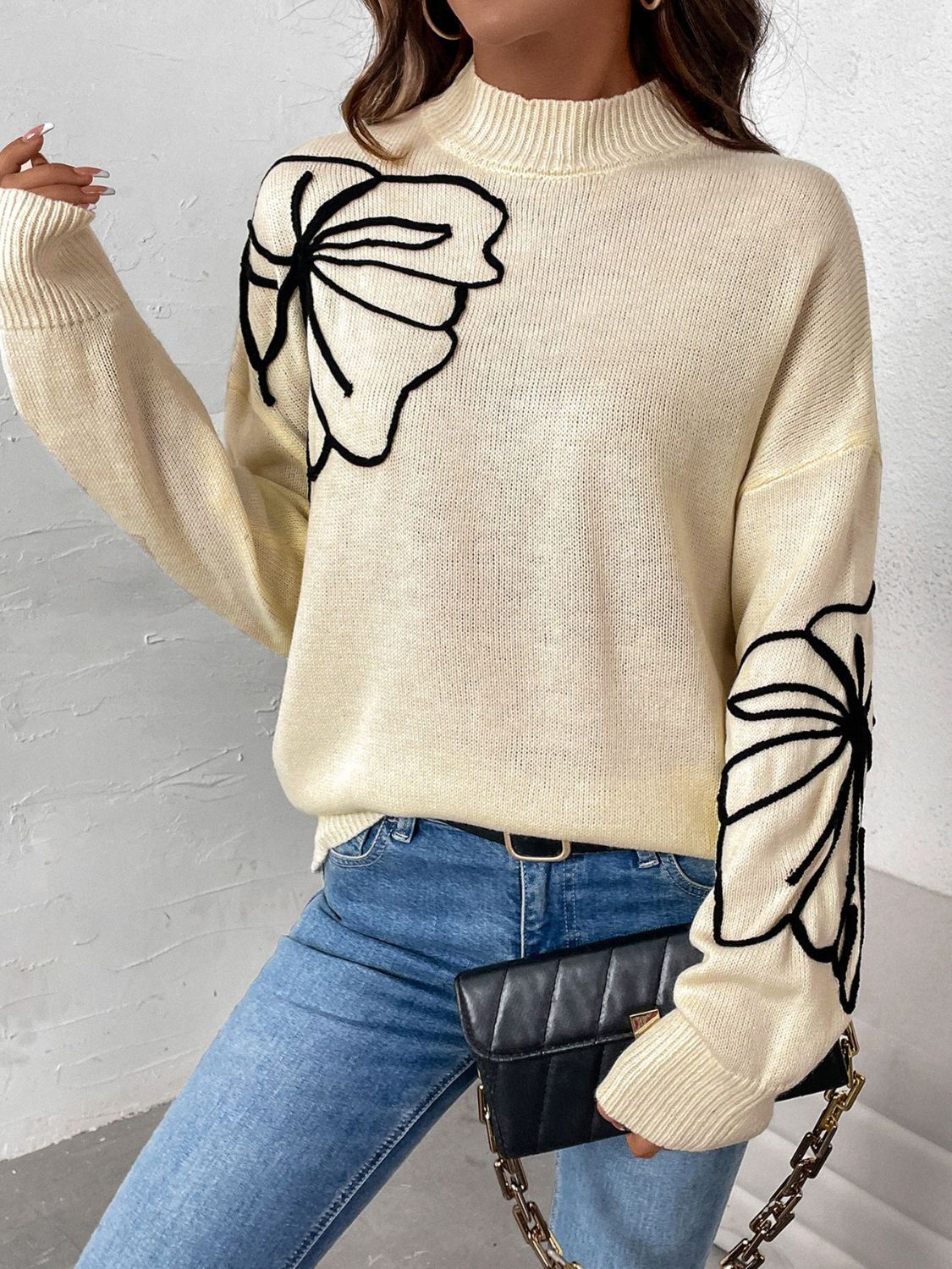 Perfee mock neck dropped shoulder long sleeve sweater