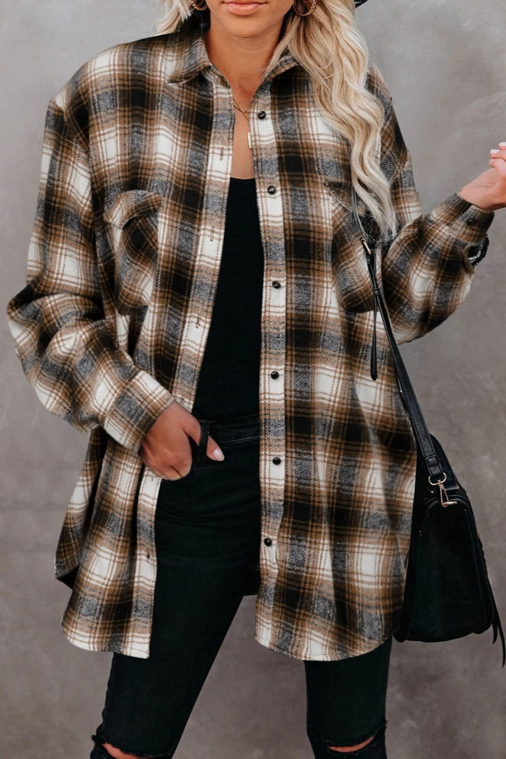 Full size plaid collared neck long sleeve shirt - coffee brown / s