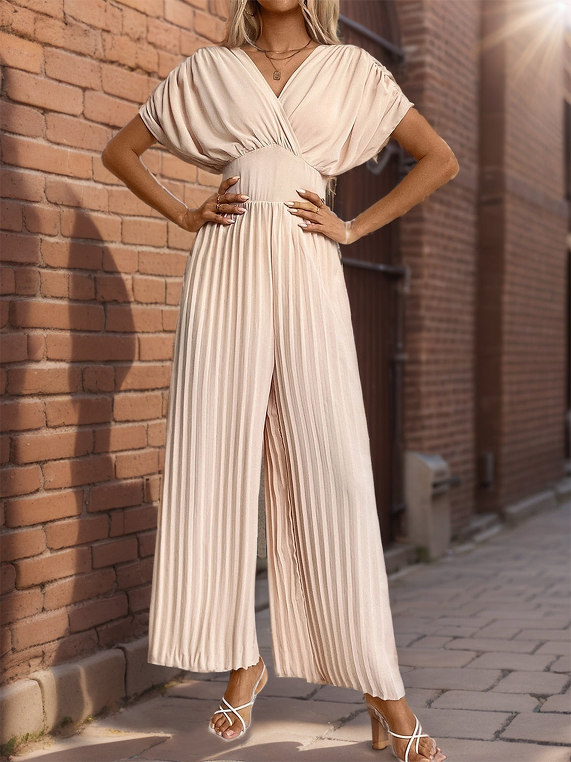 Pleated short sleeve wide leg jumpsuit - apricot / s