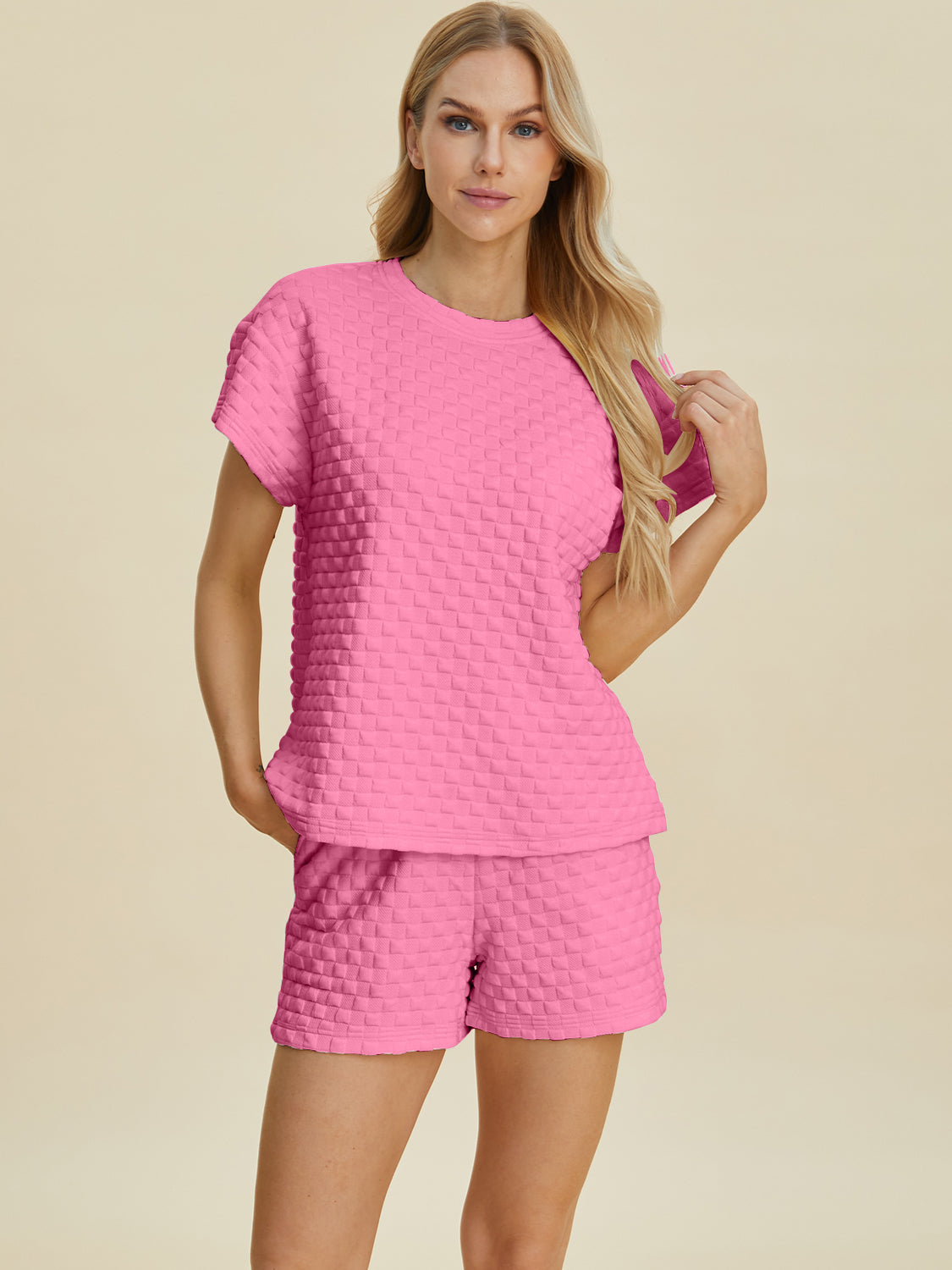 Double take full size texture t-shirt and shorts set