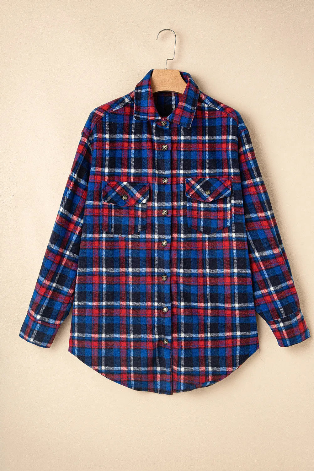 Pocketed plaid collared neck long sleeve shacket