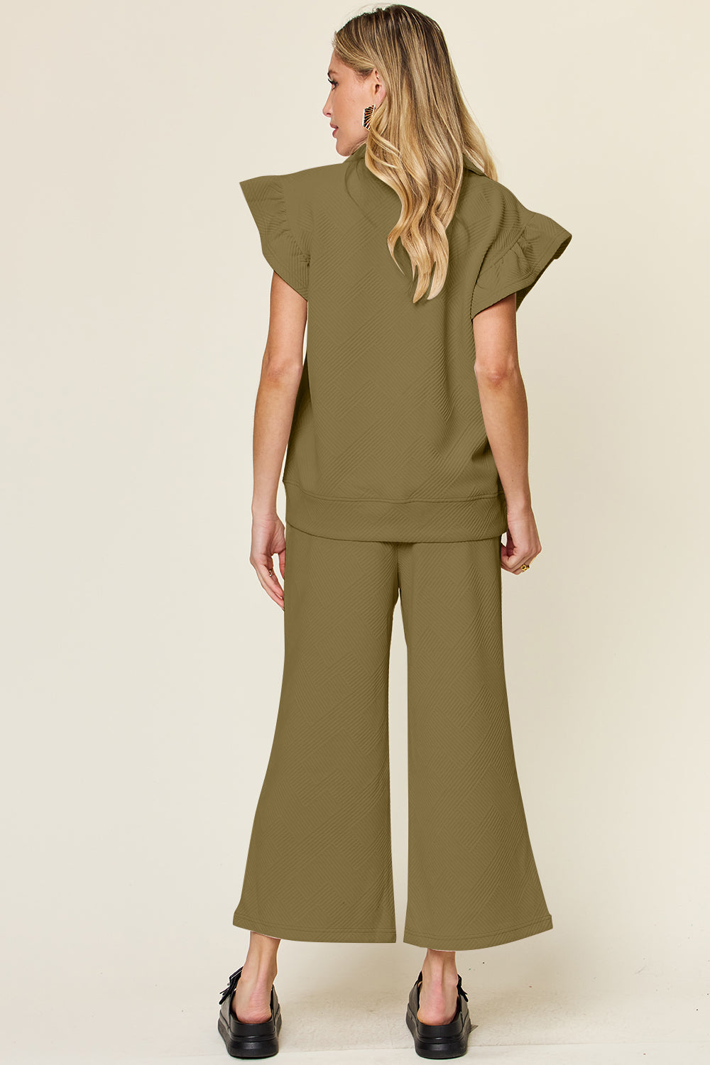 Double take texture ruffle short sleeve top and drawstring wide leg pants set