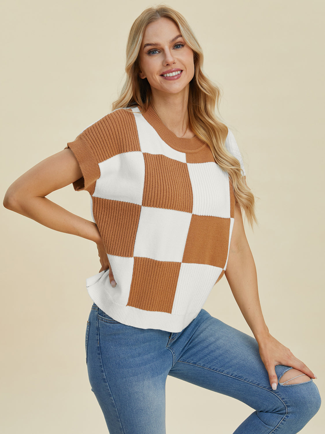 Double take full size checkered round neck short sleeve sweater - camel / s