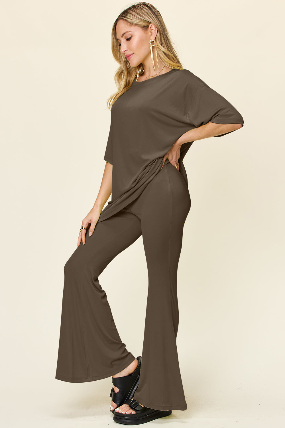 Double take full size round neck drop shoulder t-shirt and flare pants set