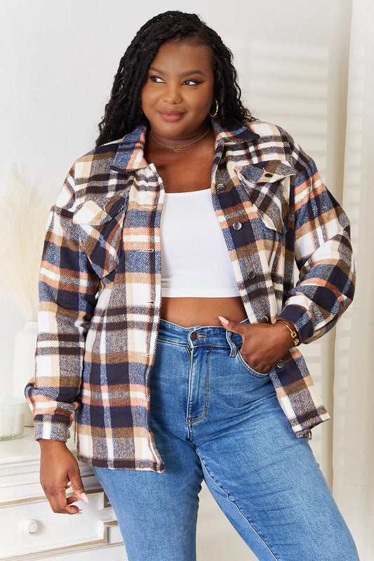 Double take plaid button front shirt jacket with breast pockets - dark blue / s