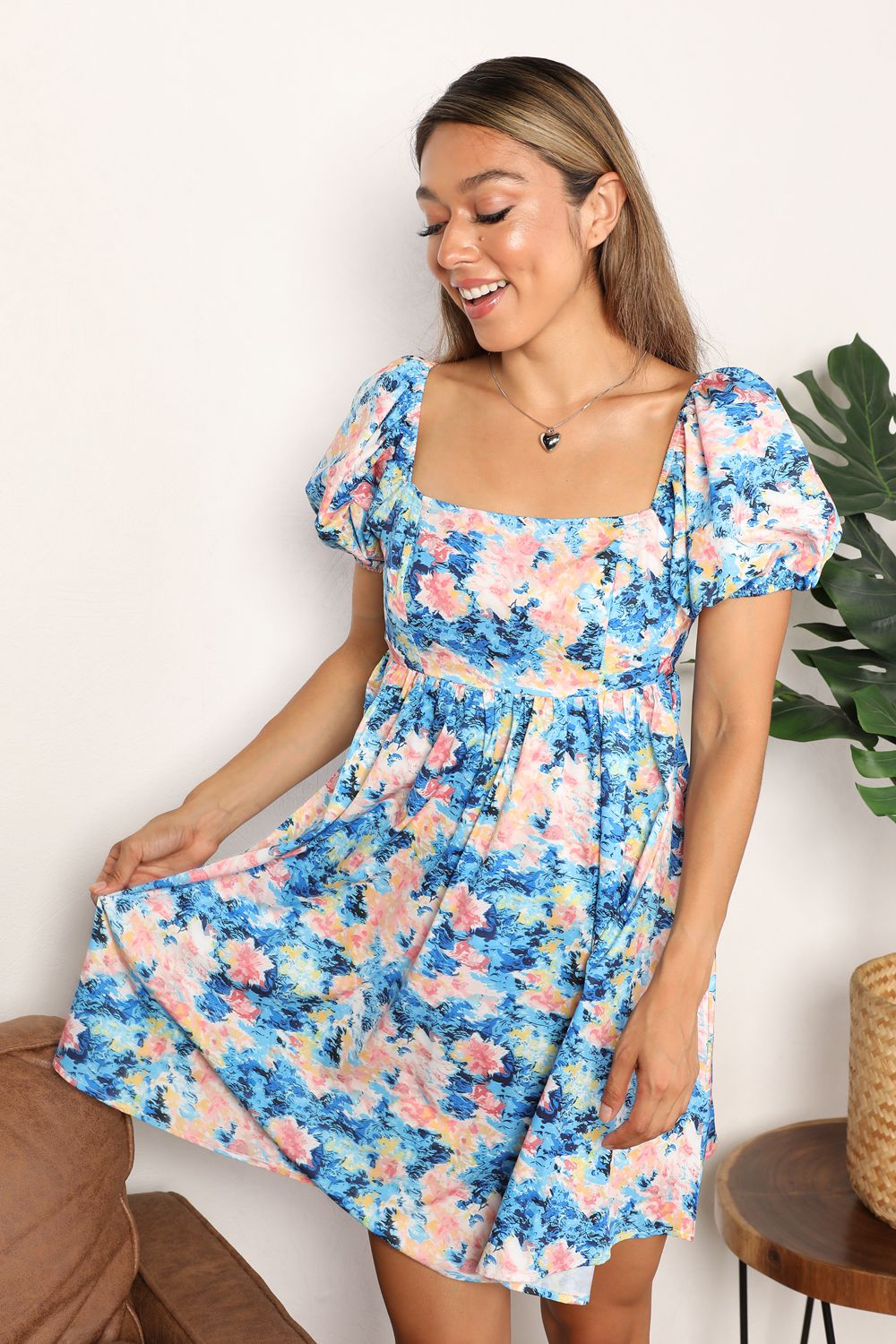 Floral square neck puff sleeve dress