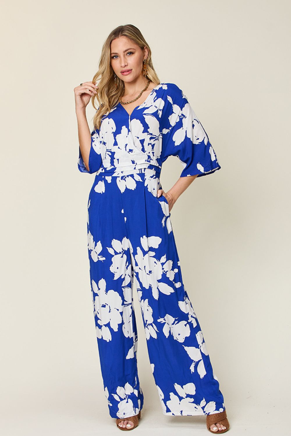 Double take full size printed tie back wide leg jumpsuit - royal blue / s