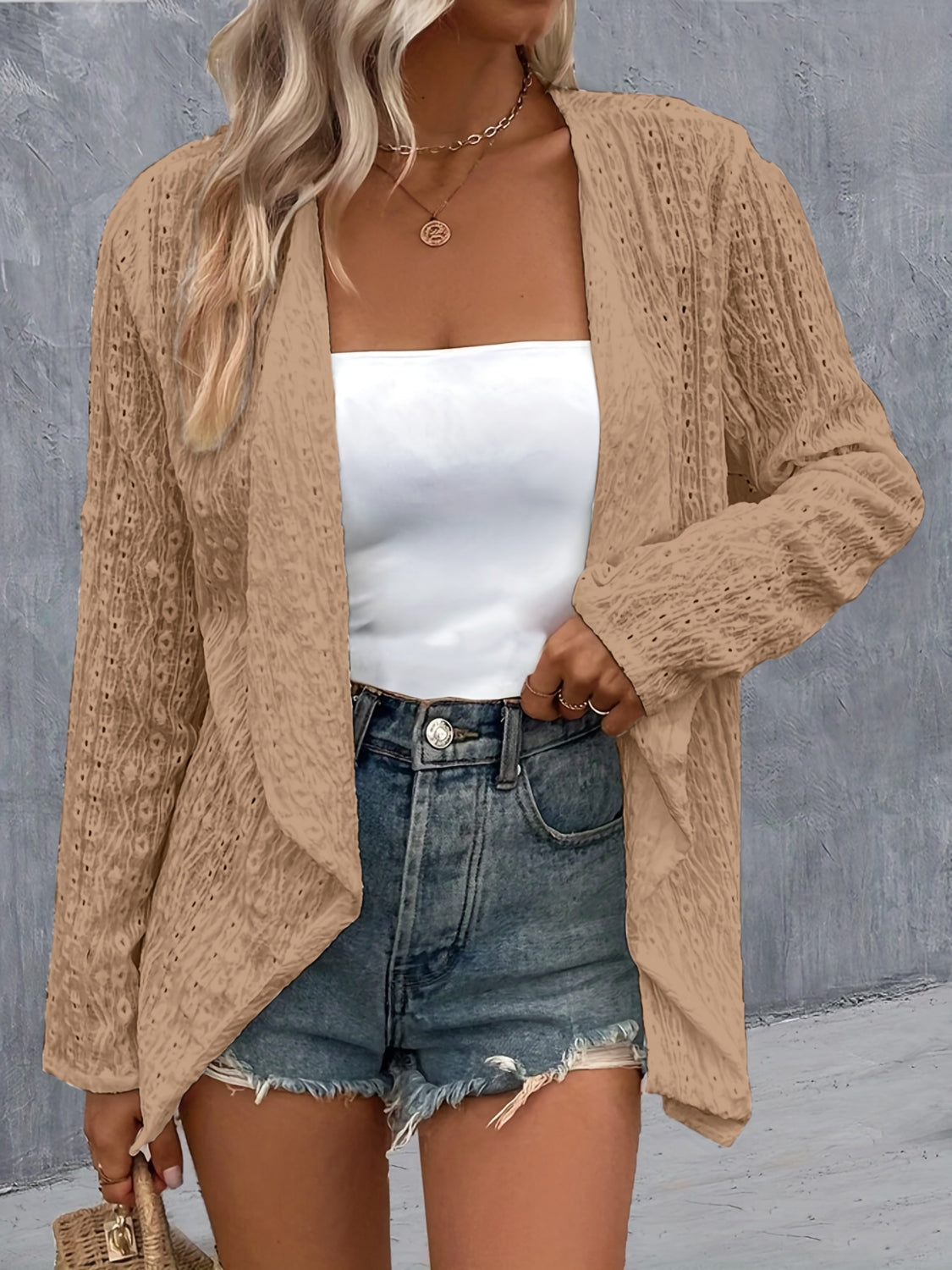 Eyelet roll-tab sleeve cardigan