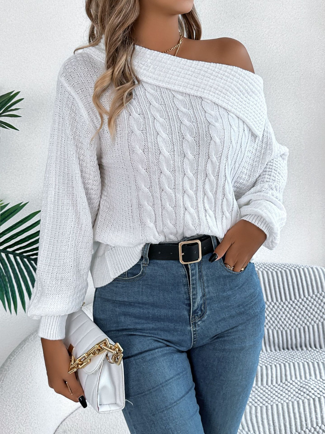 Cable-knit one shoulder long sleeve sweater