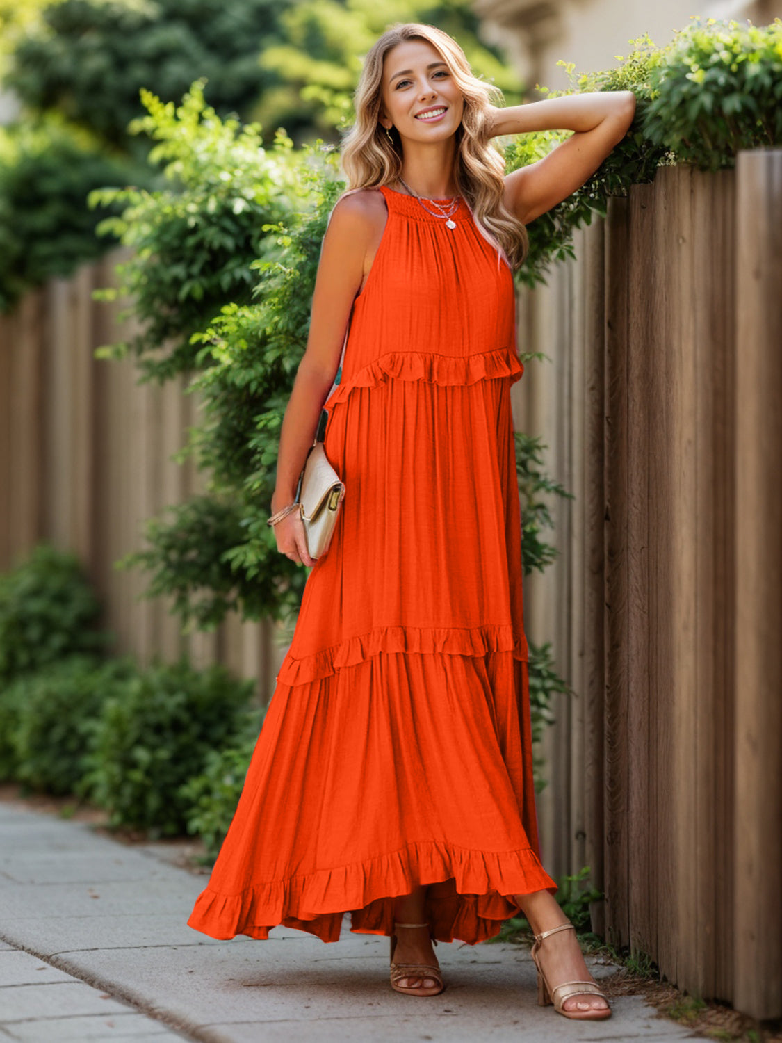 Ruffled sleeveless tiered maxi dress with pockets