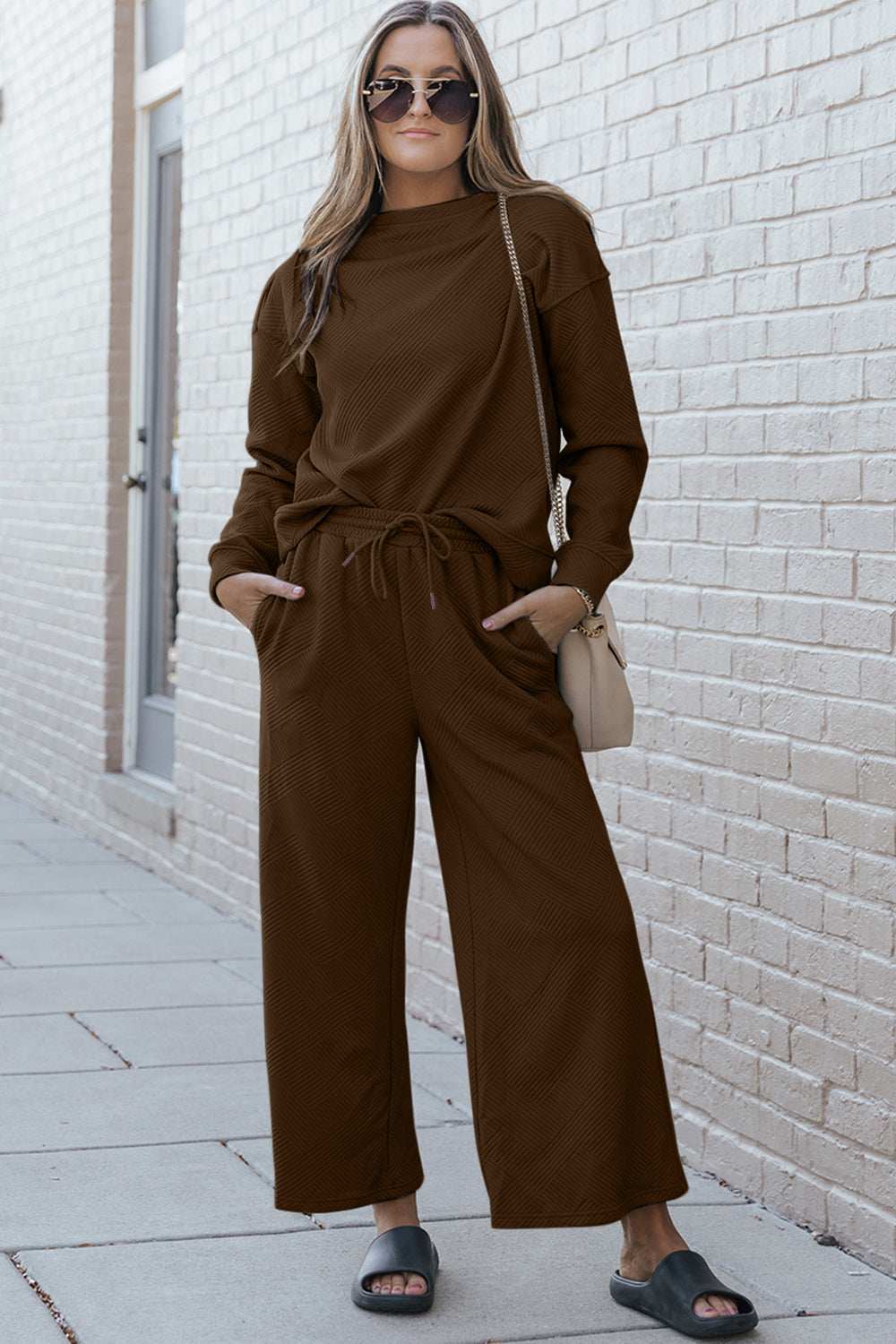 Double take full size textured long sleeve top and drawstring pants set - brown / s