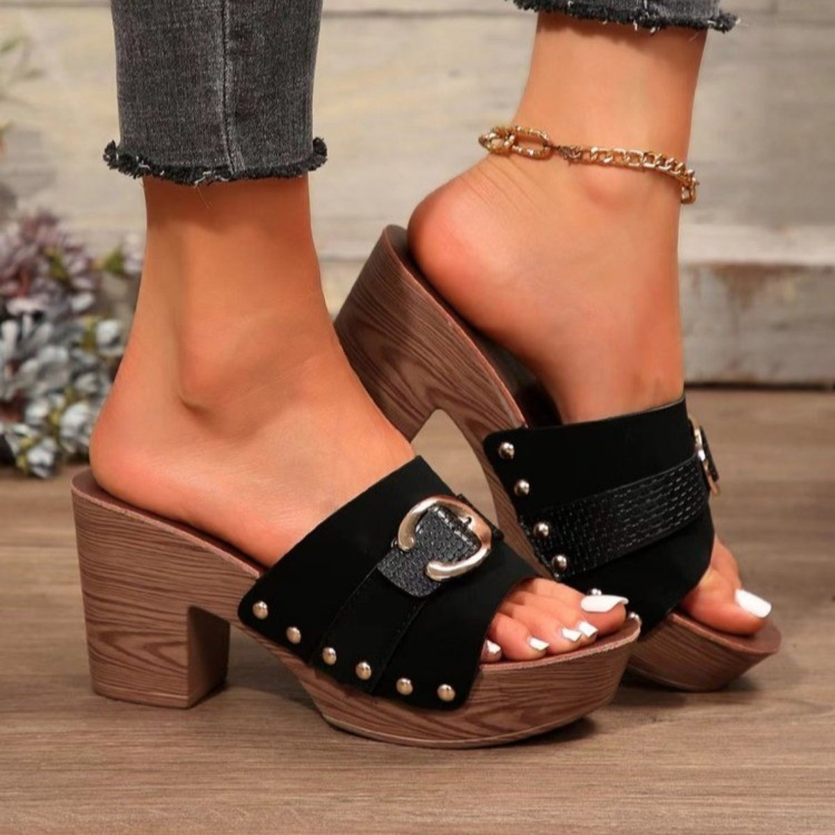 Buckle trim block heel sandals