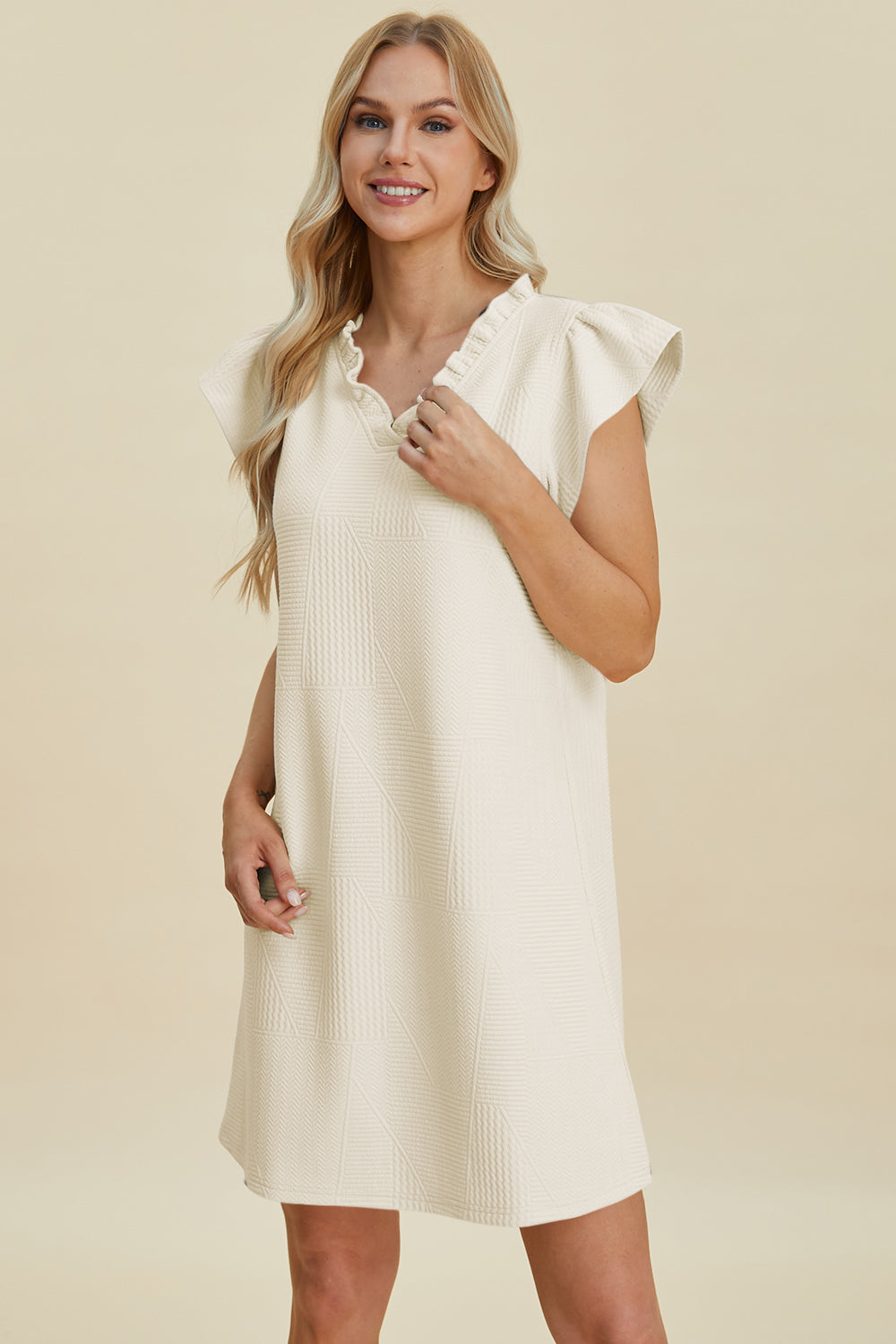 Double take full size ruffled v-neck cap sleeve dress - cream / s