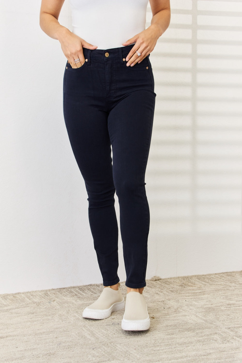 Judy blue full size garment dyed tummy control skinny jeans - navy