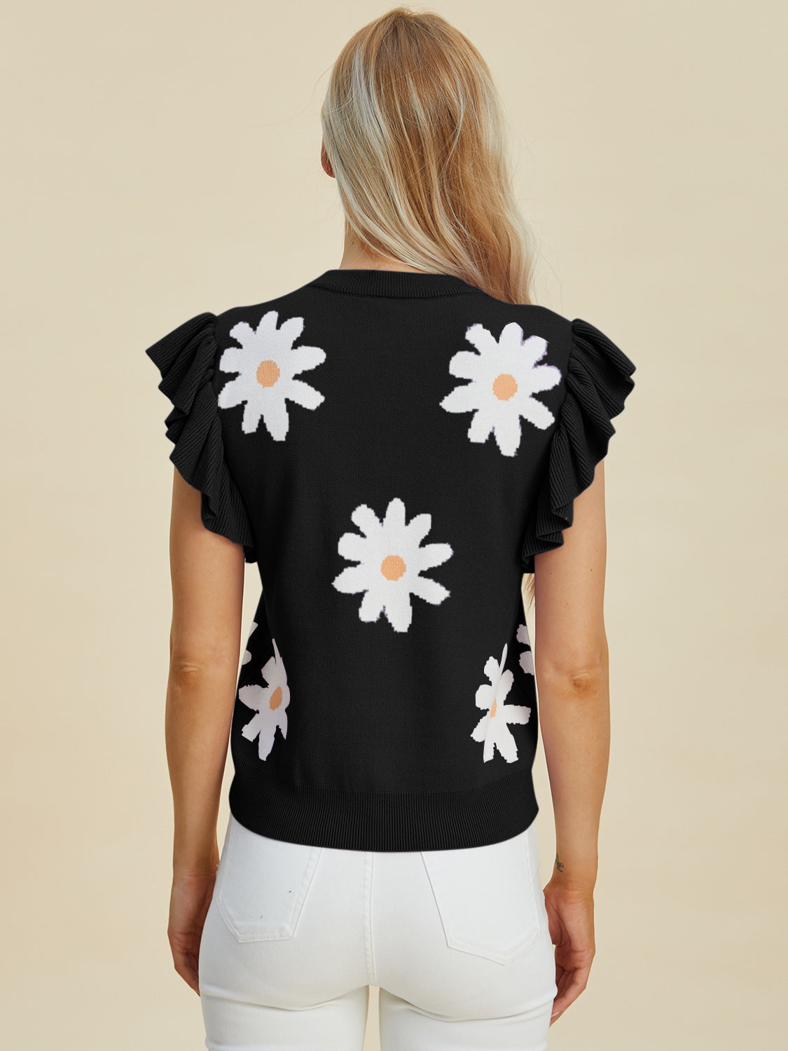 Double take full size ruffled flower round neck cap sleeve sweater