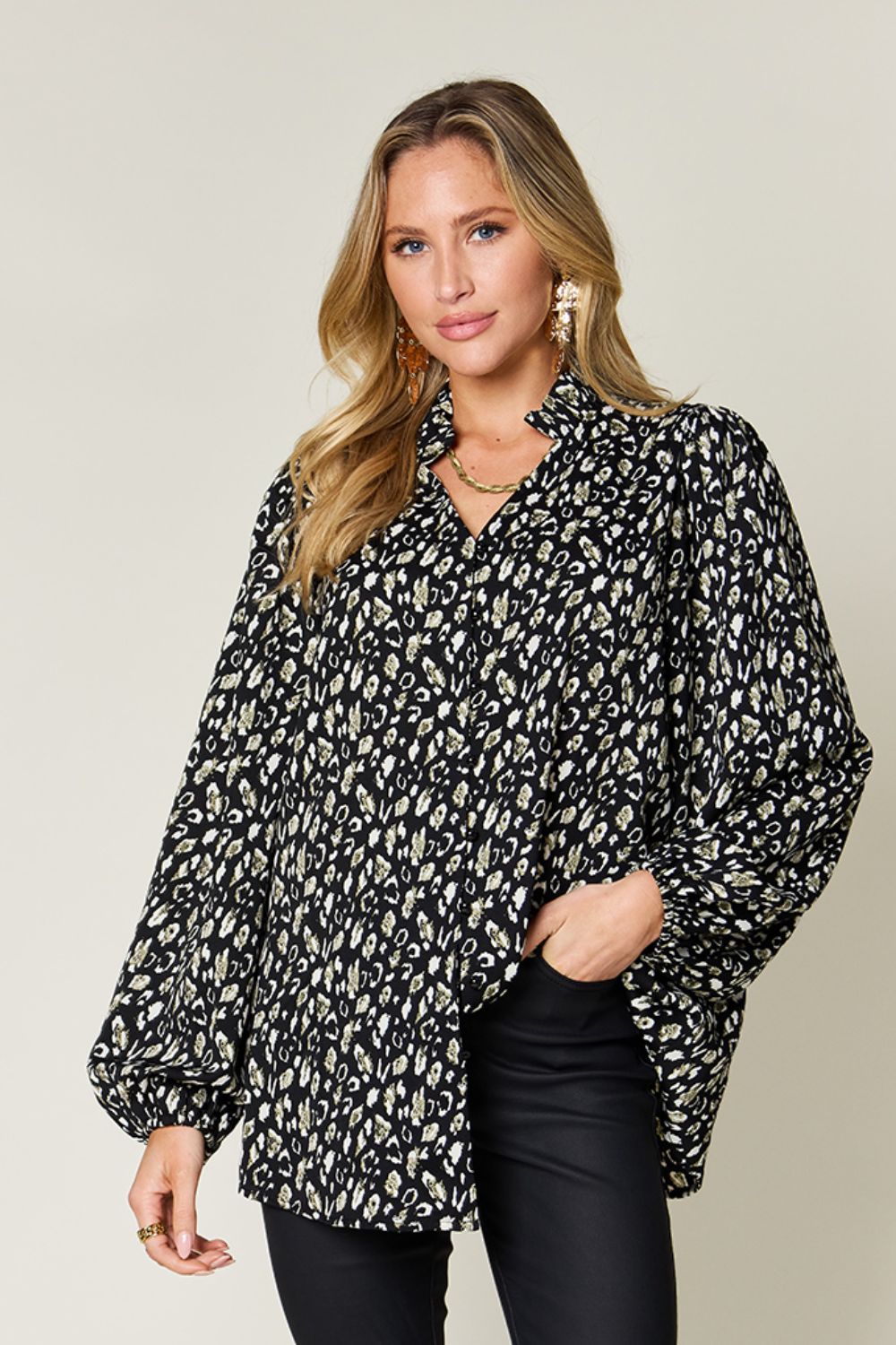 Double take full size leopard long sleeve blouse - black / s