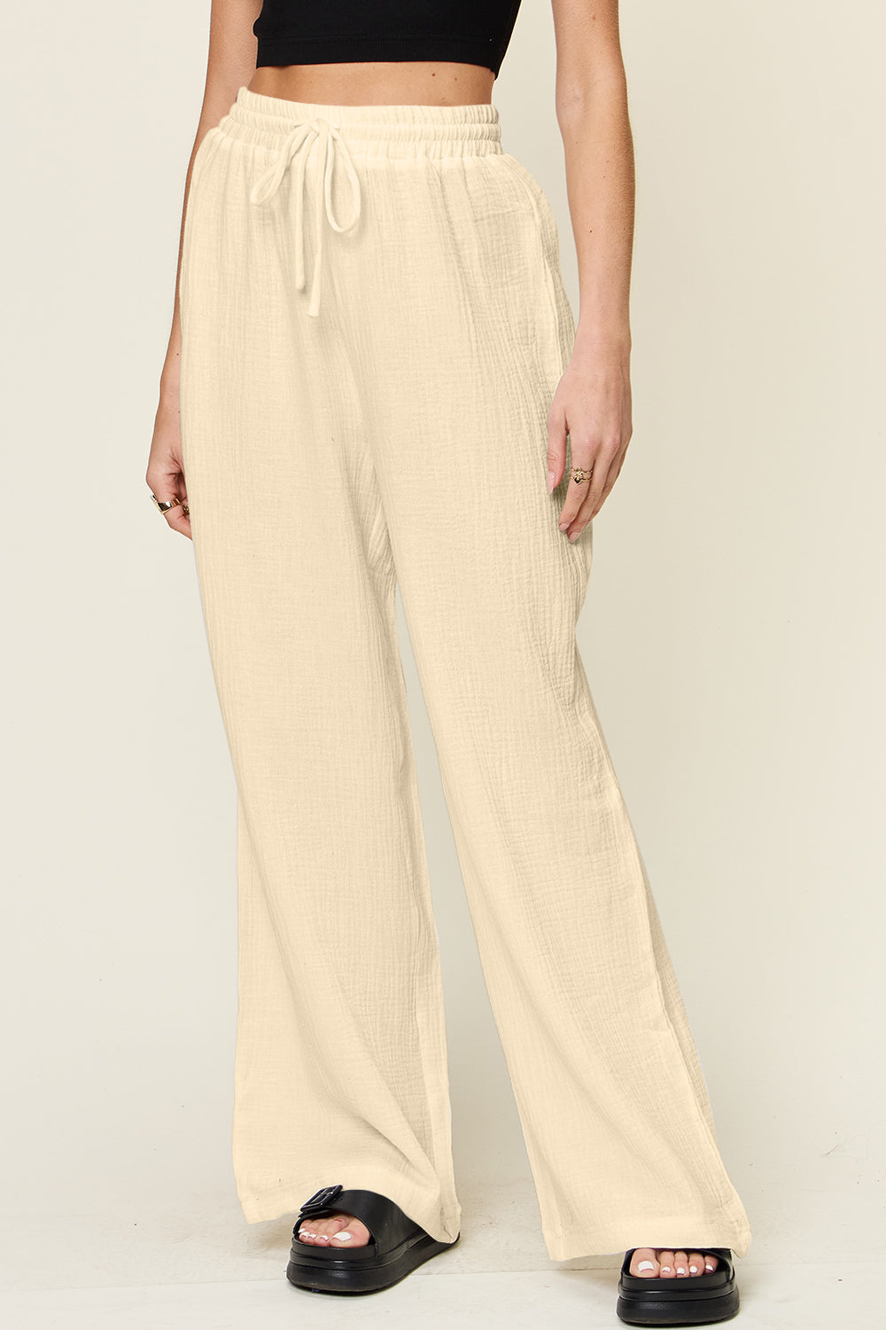 Double take full size texture drawstring wide leg pants