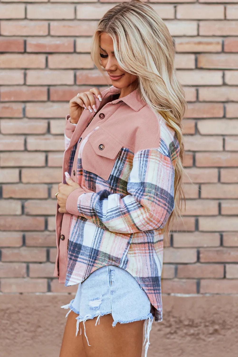 Plaid button up long sleeve shacket