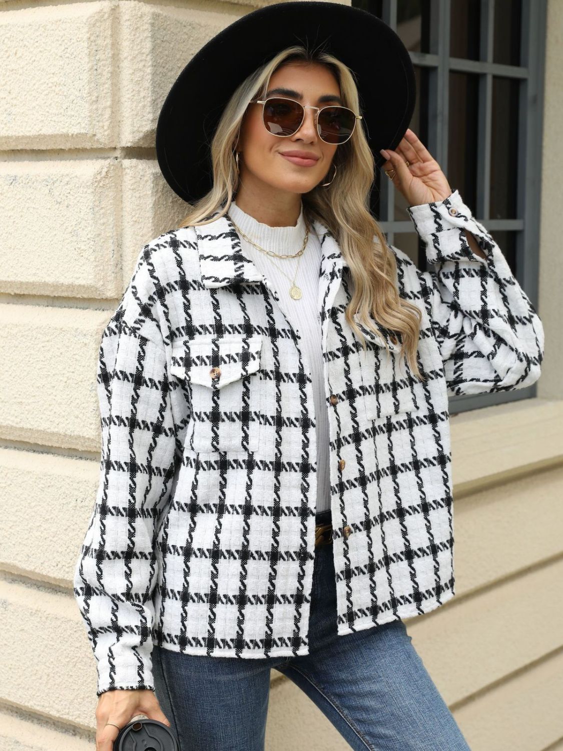 Plaid collared neck long sleeve jacket