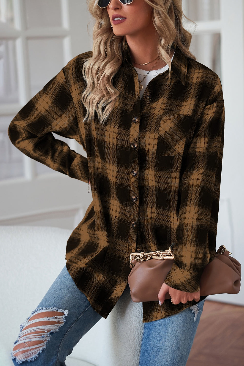 Plaid button up dropped shoulder outerwear