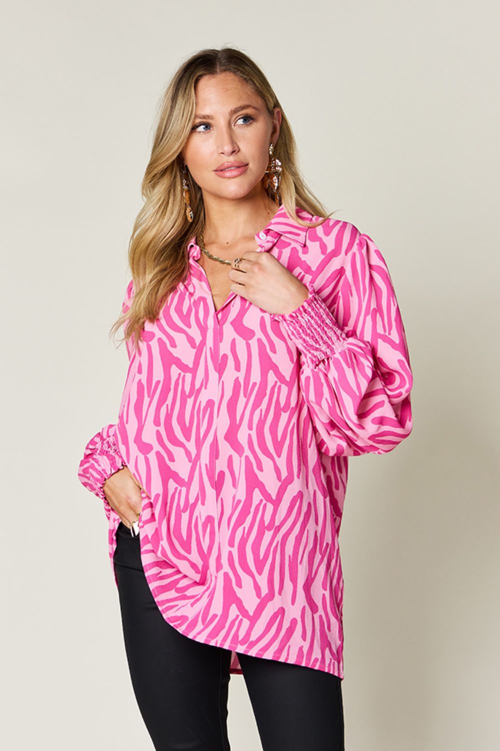 Double take full size printed smocked long sleeve blouse - deep rose / s