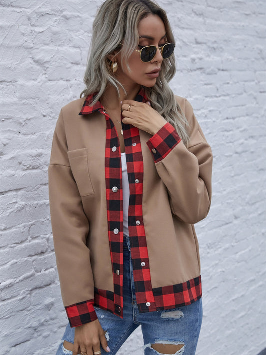 Plaid trim long sleeve jacket - taupe / s